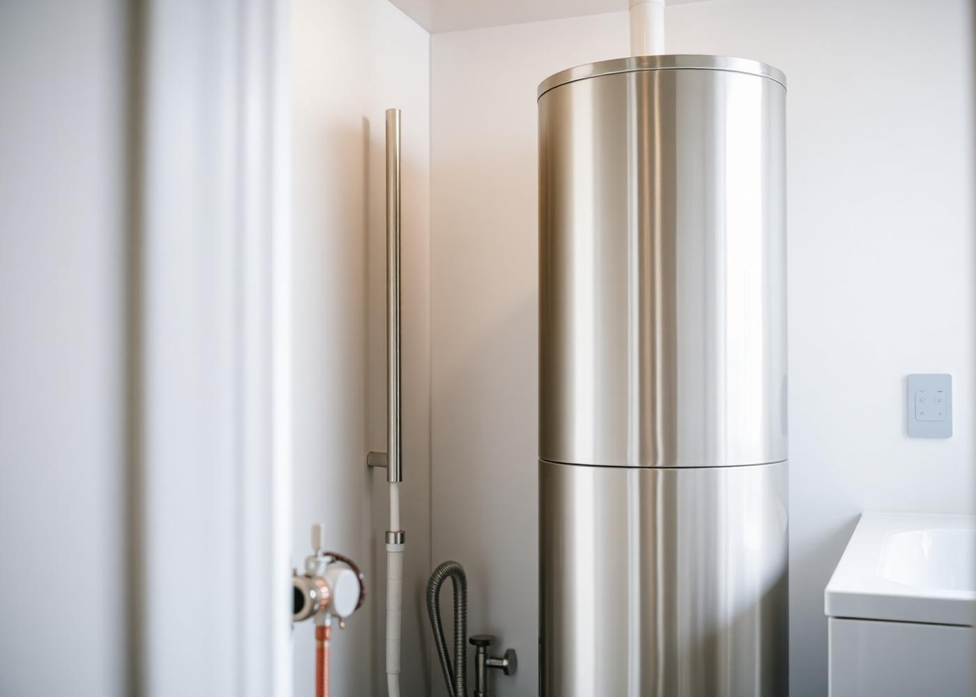 Modern hot water heat pump cylinder installed in a clean utility space